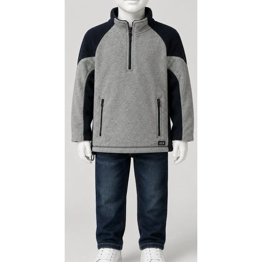 GAP Boys Fleece Jacket Pullover 1/4 Zip Gray Navy Long Sleeve Medium 7 8 Preppy